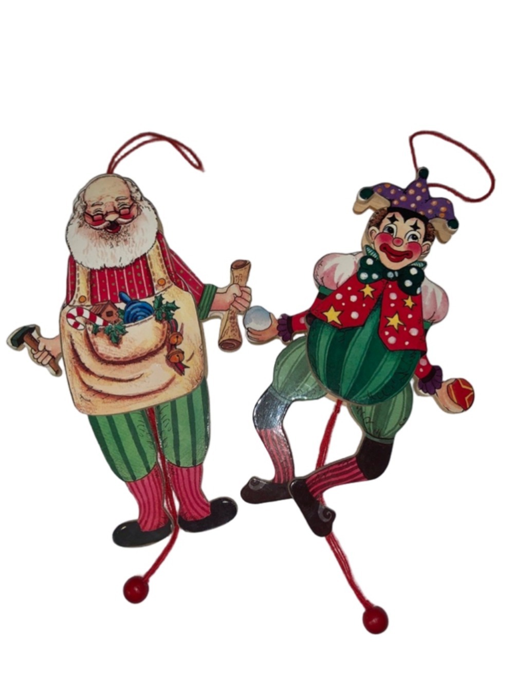 Unbranded Holiday Ornaments Santa & Clown Pull String Wood Decor One Size Red Gr